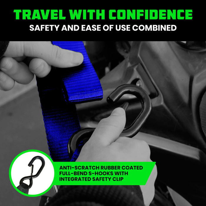 Rhino USA 1.5In X 8Ft Cambuckle Motorcycle Tie-Down Straps (2-Pack) Blue Model RNO-CAMSOFT-BLU