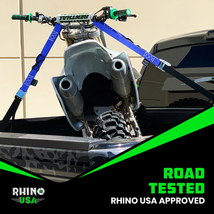 Rhino USA 1.5In X 8Ft Cambuckle Motorcycle Tie-Down Straps (2-Pack) Blue Model RNO-CAMSOFT-BLU