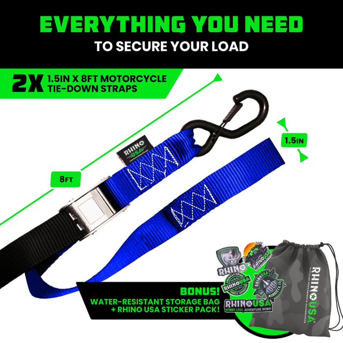 Rhino USA 1.5In X 8Ft Cambuckle Motorcycle Tie-Down Straps (2-Pack) Blue Model RNO-CAMSOFT-BLU