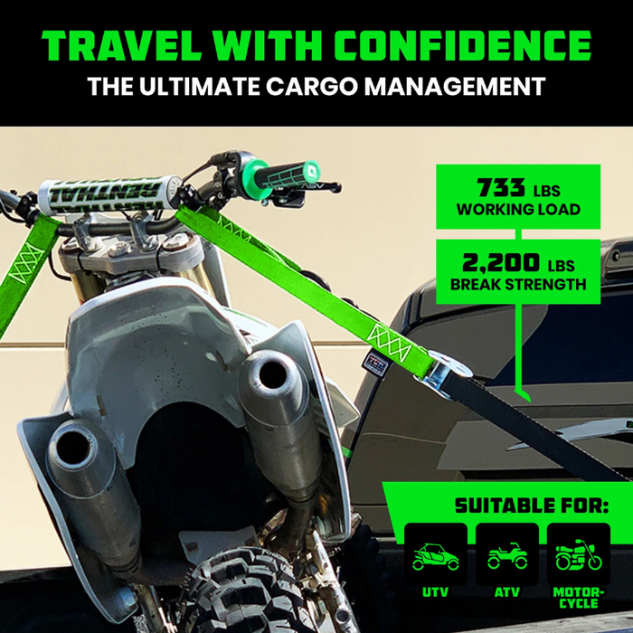 Rhino USA 1.5In X 8Ft Cambuckle Tie-Down Straps (2-Pack Green) Model RNO-CAMSOFT-GRN