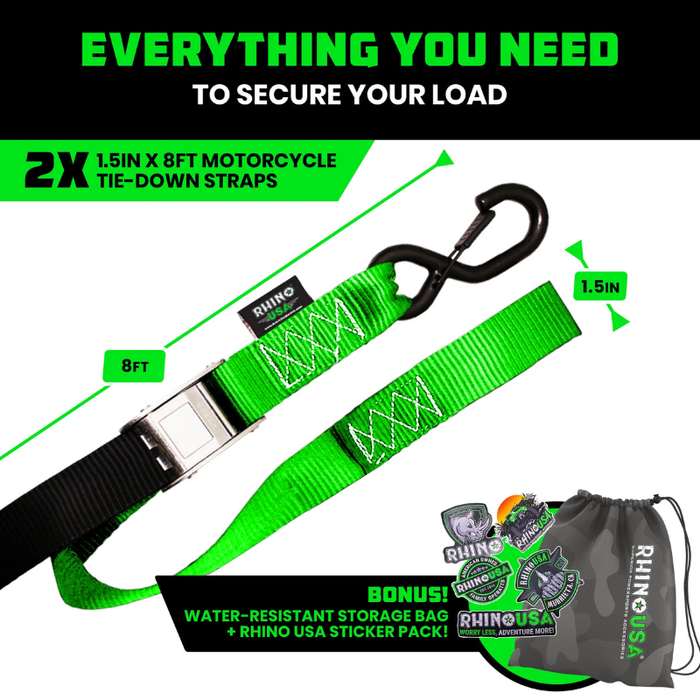 Rhino USA 1.5In X 8Ft Cambuckle Tie-Down Straps (2-Pack Green) Model RNO-CAMSOFT-GRN