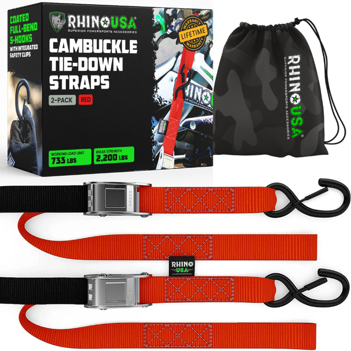 Rhino USA 1.5In X 8Ft Cambuckle Tie-Down Straps (2-Pack Red) Model RNO-CAMSOFT-RED