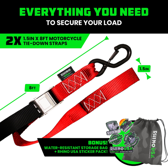 Rhino USA 1.5In X 8Ft Cambuckle Tie-Down Straps (2-Pack Red) Model RNO-CAMSOFT-RED