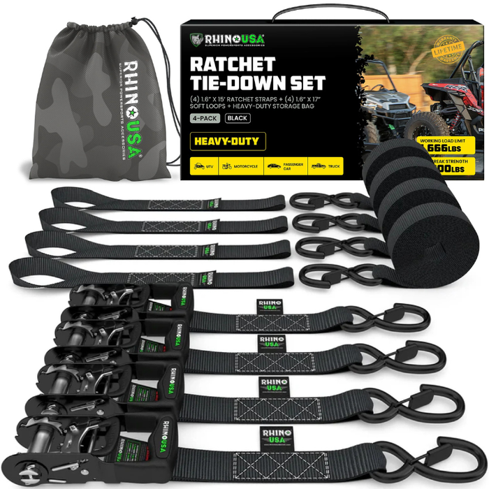 Rhino USA 1.6In X 15Ft Heavy Duty Ratchet Tie-Down (4-Pack) Black Model TD-GC1.6X15-BLK