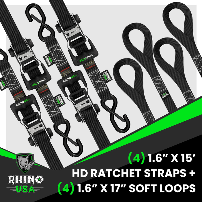 Rhino USA 1.6In X 15Ft Heavy Duty Ratchet Tie-Down (4-Pack) Black Model TD-GC1.6X15-BLK