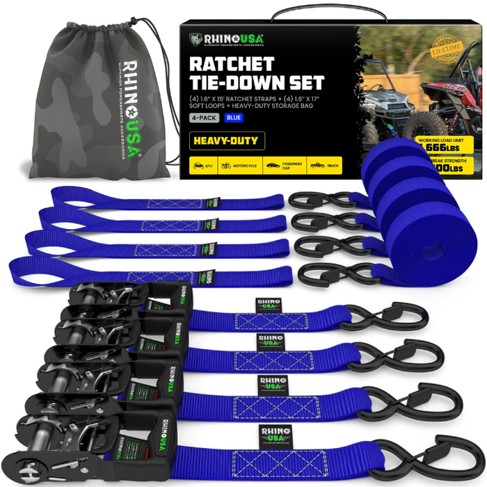 Rhino USA 1.6In X 15Ft Heavy Duty Ratchet Tie-Down (4-Pack) Blue Model TD-GC1.6X15-BLU