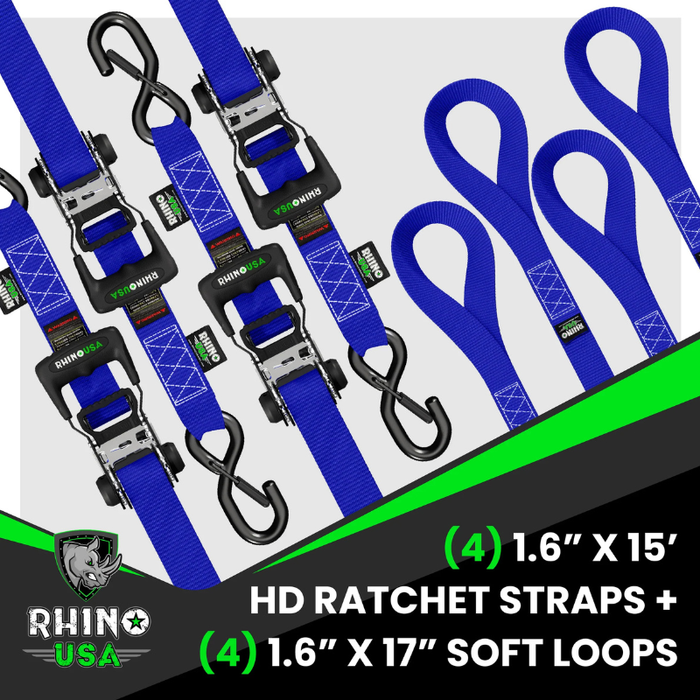 Rhino USA 1.6In X 15Ft Heavy Duty Ratchet Tie-Down (4-Pack) Blue Model TD-GC1.6X15-BLU