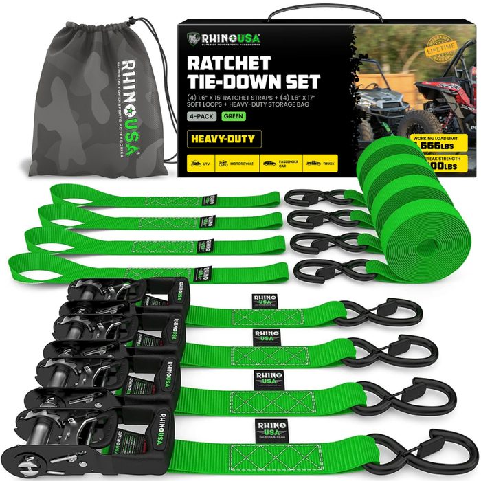 Rhino USA 1.6In X 15Ft Heavy Duty Ratchet Tie-Down (4-Pack) Green Model TD-GC1.6X15-GRN
