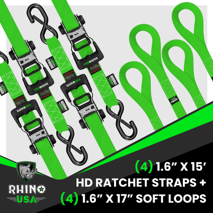 Rhino USA 1.6In X 15Ft Heavy Duty Ratchet Tie-Down (4-Pack) Green Model TD-GC1.6X15-GRN