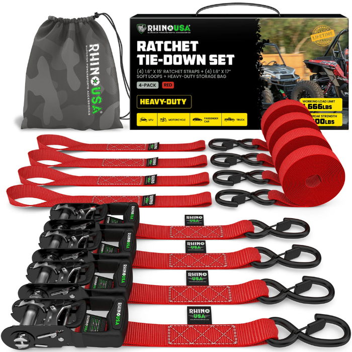 Rhino USA 1.6In X 15Ft Heavy Duty Ratchet Tie-Down (4-Pack) Red Model TD-GC1.6X15-RED