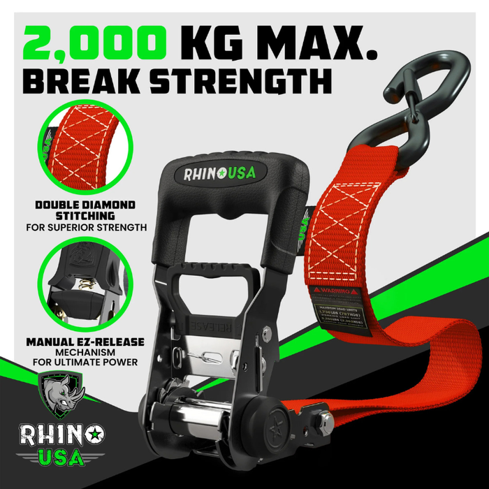 Rhino USA 1.6In X 15Ft Heavy Duty Ratchet Tie-Down (4-Pack) Red Model TD-GC1.6X15-RED