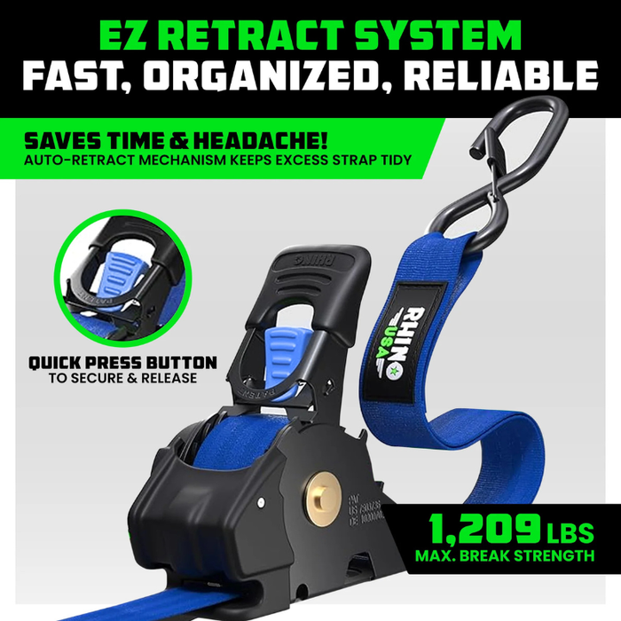Rhino USA Retractable Ratchet Straps 1In X 10Ft (4-Pack) Blue Model TD-RSRE1X10-BLU-R
