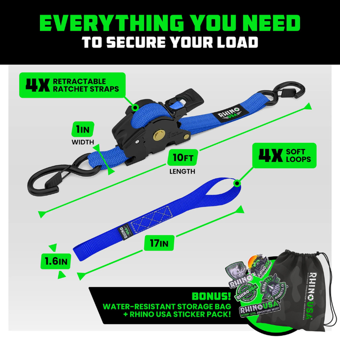 Rhino USA Retractable Ratchet Straps 1In X 10Ft (4-Pack) Blue Model TD-RSRE1X10-BLU-R