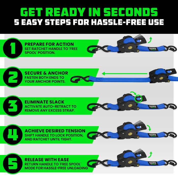 Rhino USA Retractable Ratchet Straps 1In X 10Ft (4-Pack) Blue Model TD-RSRE1X10-BLU-R