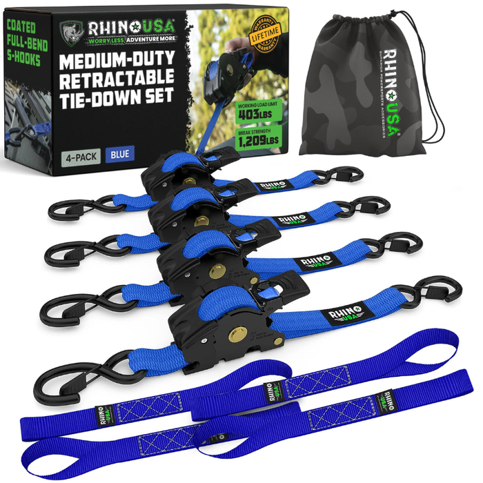 Rhino USA Retractable Ratchet Straps 1In X 10Ft (4-Pack) Blue Model TD-RSRE1X10-BLU-R