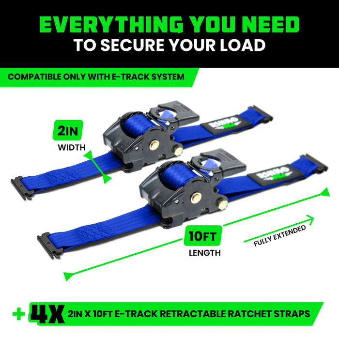 Rhino USA Retractable E-Track Ratchet Straps 2In X 10Ft (4-Pack) Blue Model TD-RSRE2X10-ETRK-4BLU