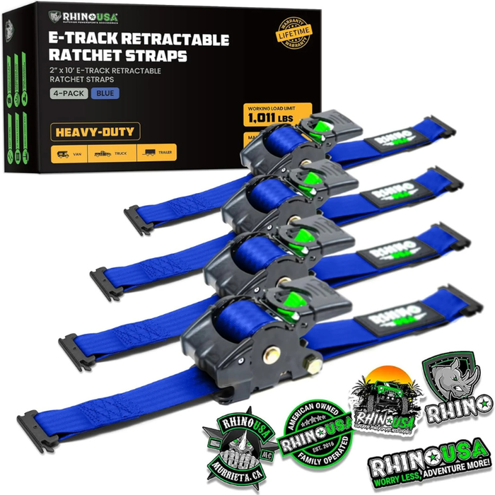 Rhino USA Retractable E-Track Ratchet Straps 2In X 10Ft (4-Pack) Blue Model TD-RSRE2X10-ETRK-4BLU