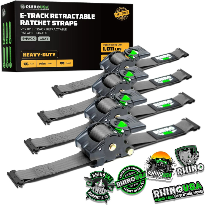 Rhino USA Retractable E-Track Ratchet Straps 2In X 10Ft (4-Pack) Gray Model TD-RSRE2X10-ETRK-4GRY