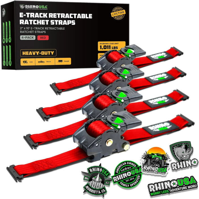 Rhino USA Retractable E-Track Ratchet Straps 2In X 10Ft (4-Pack) Red Model TD-RSRE2X10-ETRK-4RED