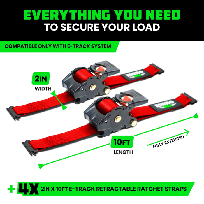 Rhino USA Retractable E-Track Ratchet Straps 2In X 10Ft (4-Pack) Red Model TD-RSRE2X10-ETRK-4RED