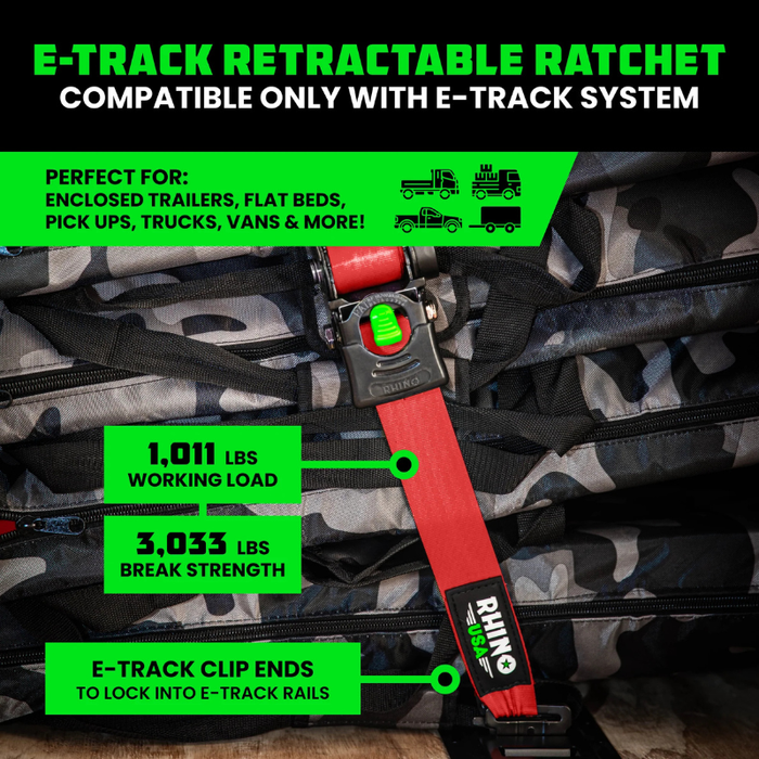 Rhino USA Retractable E-Track Ratchet Straps 2In X 10Ft (4-Pack) Red Model TD-RSRE2X10-ETRK-4RED