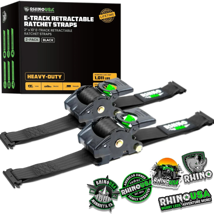 Rhino USA Retractable E-Track Ratchet Straps 2In X 10Ft (2-Pack) Black Model TD-RSRE2X10-ETRK-BLK