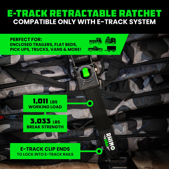 Rhino USA Retractable E-Track Ratchet Straps 2In X 10Ft (2-Pack) Black Model TD-RSRE2X10-ETRK-BLK