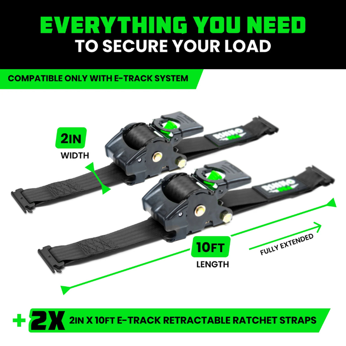 Rhino USA Retractable E-Track Ratchet Straps 2In X 10Ft (2-Pack) Black Model TD-RSRE2X10-ETRK-BLK