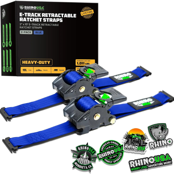 Rhino USA Retractable E-Track Ratchet Straps 2In X 10Ft (2-Pack) Blue Model TD-RSRE2X10-ETRK-BLU