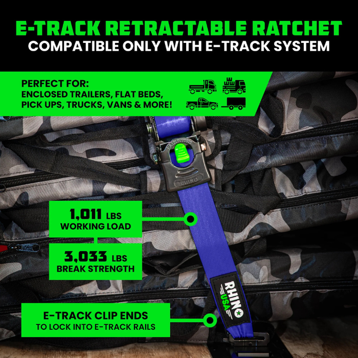 Rhino USA Retractable E-Track Ratchet Straps 2In X 10Ft (2-Pack) Blue Model TD-RSRE2X10-ETRK-BLU
