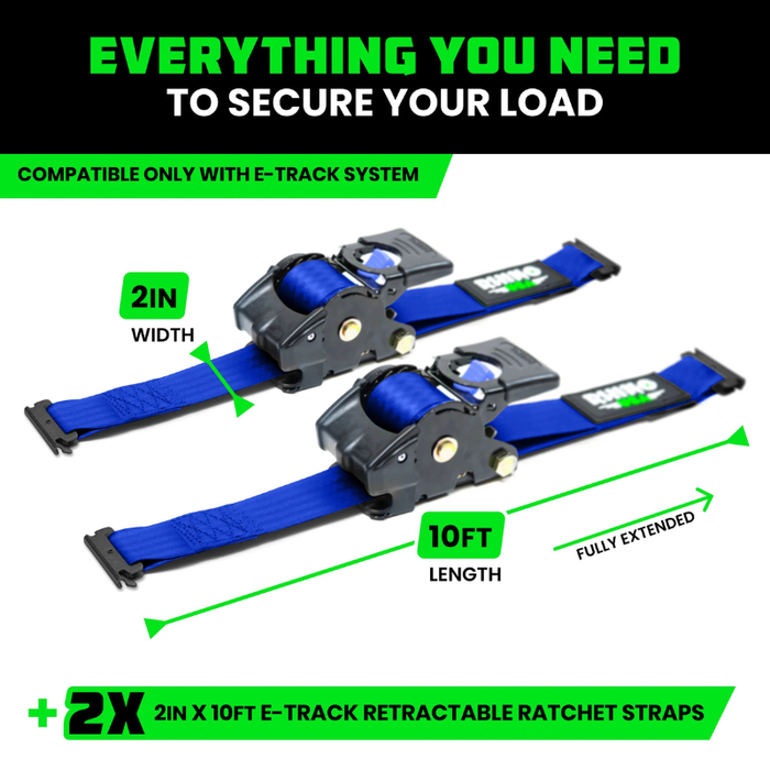 Rhino USA Retractable E-Track Ratchet Straps 2In X 10Ft (2-Pack) Blue Model TD-RSRE2X10-ETRK-BLU