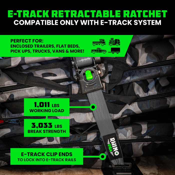 Rhino USA Retractable E-Track Ratchet Straps 2In X 10Ft (2-Pack) Gray Model TD-RSRE2X10-ETRK-GRY