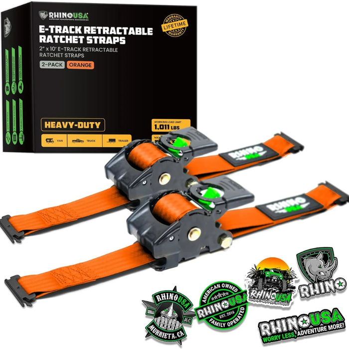 Rhino USA Retractable E-Track Ratchet Straps 2In X 10Ft (2-Pack) Orange Model TD-RSRE2X10-ETRK-ORG