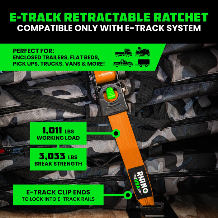 Rhino USA Retractable E-Track Ratchet Straps 2In X 10Ft (2-Pack) Orange Model TD-RSRE2X10-ETRK-ORG