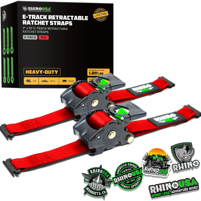 Rhino USA Retractable E-Track Ratchet Straps 2In X 10Ft (2-Pack) Red Model TD-RSRE2X10-ETRK-RED