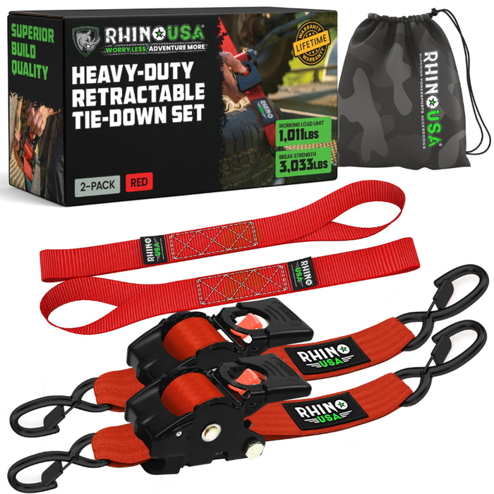 Rhino USA Retractable Ratchet Straps 2In X 10Ft (2-Pack) Red Model TD-RSRE2X10-RED-R