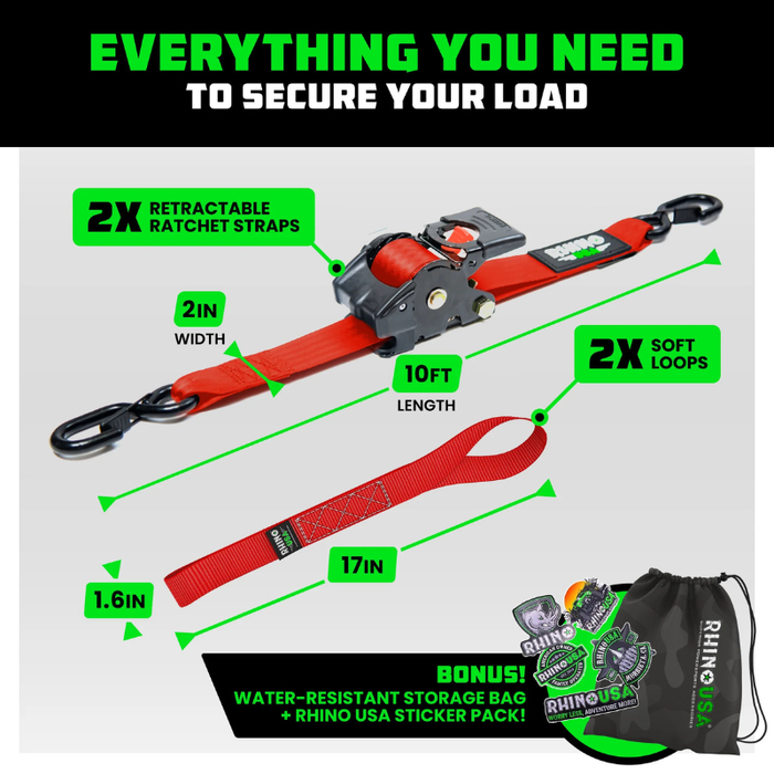 Rhino USA Retractable Ratchet Straps 2In X 10Ft (2-Pack) Red Model TD-RSRE2X10-RED-R