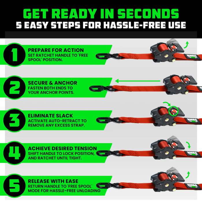 Rhino USA Retractable Ratchet Straps 2In X 10Ft (2-Pack) Red Model TD-RSRE2X10-RED-R