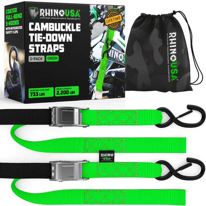 Rhino USA 1.5In X 8Ft Cambuckle Tie-Down Straps (2-Pack Green) Model RNO-CAMSOFT-GRN