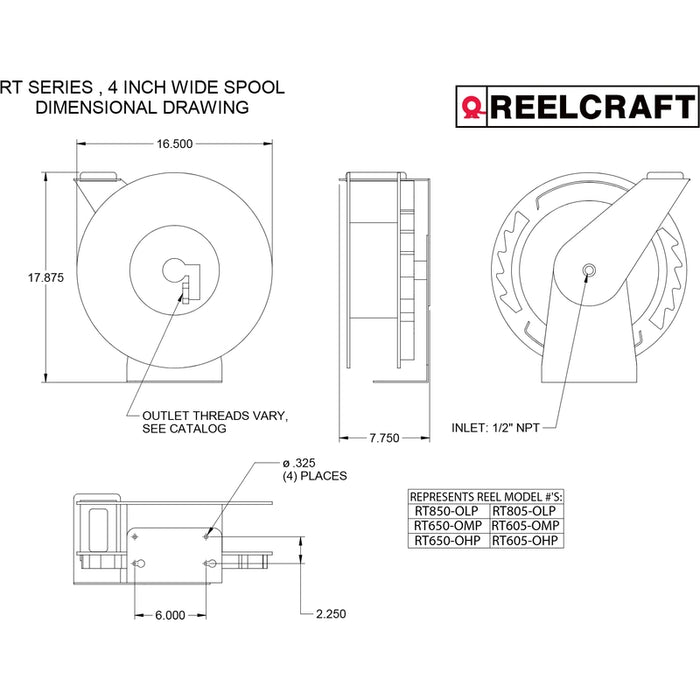 ReelCraft Series RT 1/2 in. x 50 ft. Medium Duty Hose Reel - 300 PSI Air/Water Model RT850-OLP