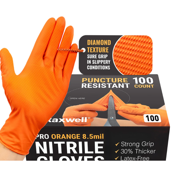 Raxwell Pro Disposable Orange Nitrile Gloves Size L 8.5 Mil-100/Bx Model RX50008