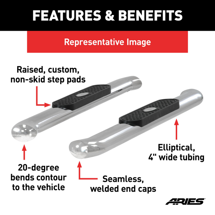 ARIES 4" Polished Stainless Oval Step Nerf Bars Model S225039-2