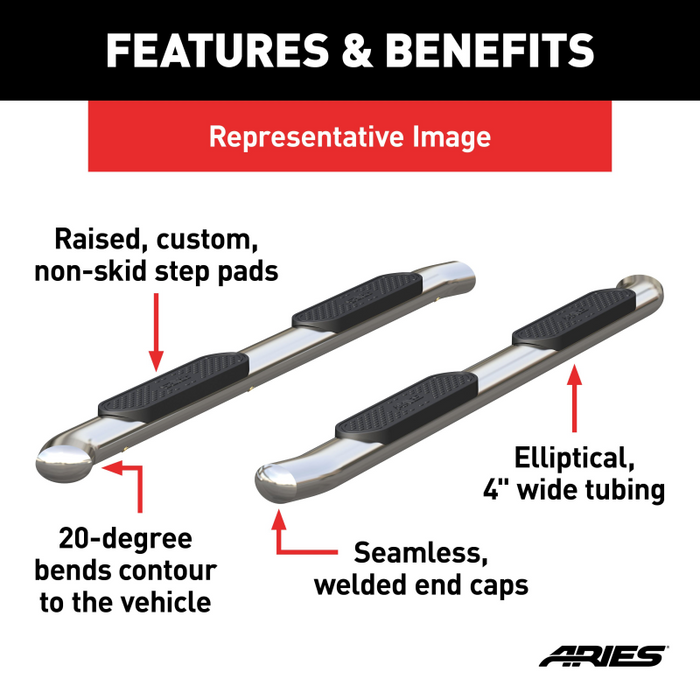 ARIES 4" Polished Stainless Oval Step Nerf Bars Model S225040-2