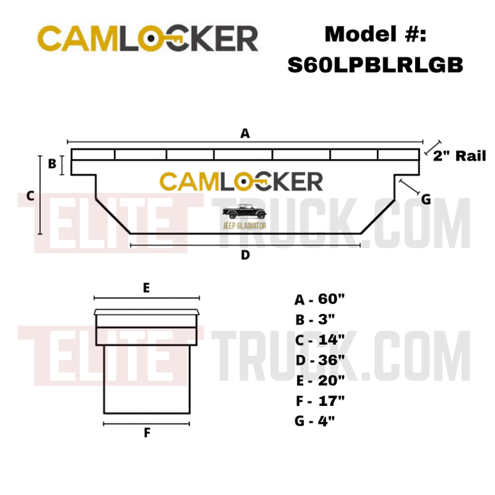 Camlocker Crossover Tool Box 60 Inch With Rail For Jeep Gladiator JT Low Profile Gloss Black S60LPBLRLGB