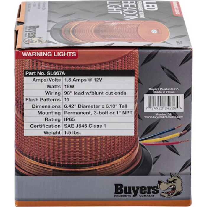 Buyers Products Class 1 6.1 Inch Tall LED Amber Beacon Light Model SL667A