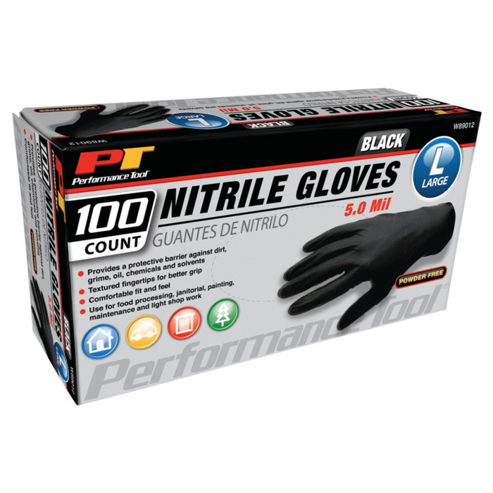 Performance Tool Performance Tool Disposable 5 Mil, Black Nitrile Gloves W/Textured Finger Tips-100/Bx-Size L Model W89012
