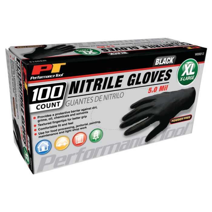 Performance Tool Performance Tool Disposable 5 Mil, Black Nitrile Gloves W/Textured Finger Tips-100/Bx-Size XL  Model W89013