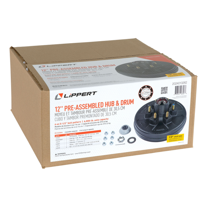 CURT 2024013262 12" Brake Drum Hub Complete Kit with Installed Bearings, 6 on 5.5", 1/2" Stud, 6,000-lb. Axles Model 2024013262