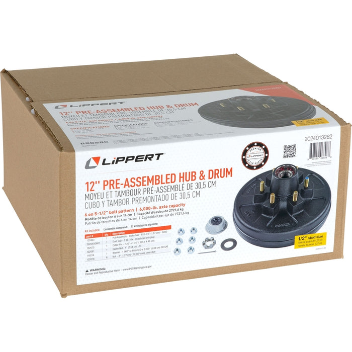 CURT 2024013262 12" Brake Drum Hub Complete Kit with Installed Bearings, 6 on 5.5", 1/2" Stud, 6,000-lb. Axles Model 2024013262
