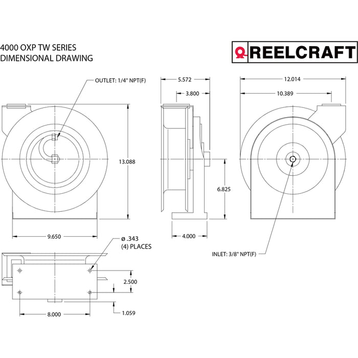 ReelCraft Series 4000 3/8 in. x 25 ft. Premium Duty Hose Reel - 300 PSI Air/Water Model 4625OLP